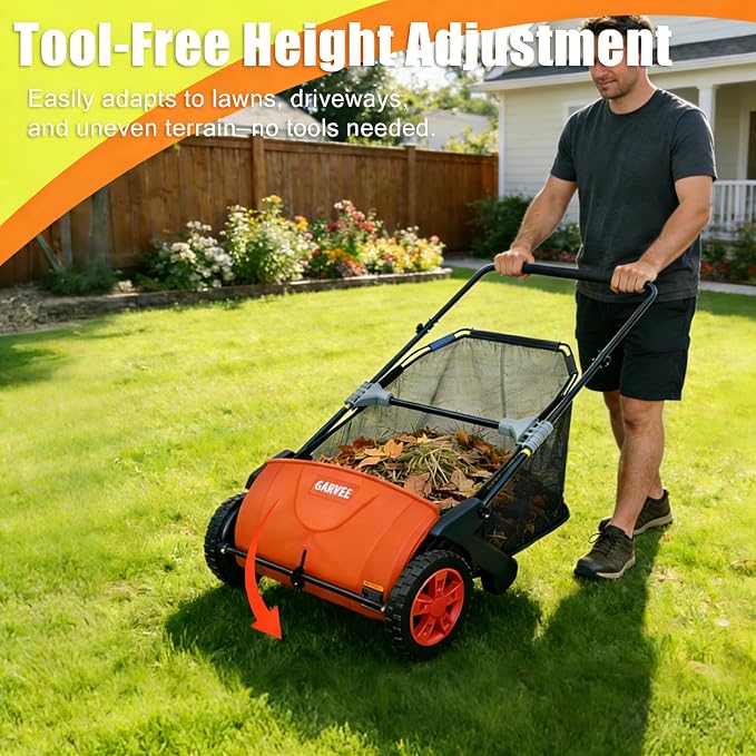 Manual Push Lawn Sweeper 21-Inch, Yard Leaf & Debris Collector with 3.5 Cu. Ft. Collection Bag, Adjustable Brush Height for Lawns & Driveways, Foldable Storage Design | 3.5 Cu. Ft. Hopper Bag, Height-Adjustable Brushes, Space-Saving Foldable Design, La...