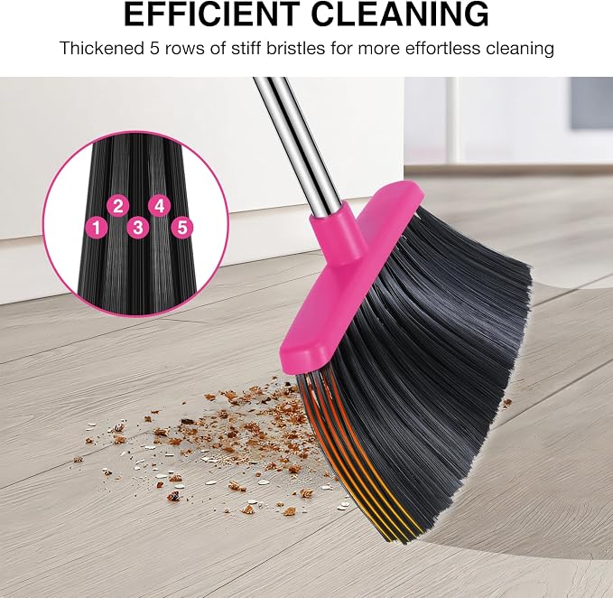 NACENA Broom and Dustpan Set with 52-in Long Adjustable Handle, Grey Rose | Broom Dustpan Combo with Dustpan Teeth to Automatically Clean Hair Suitable for Home Kitchen Office Hall Floor