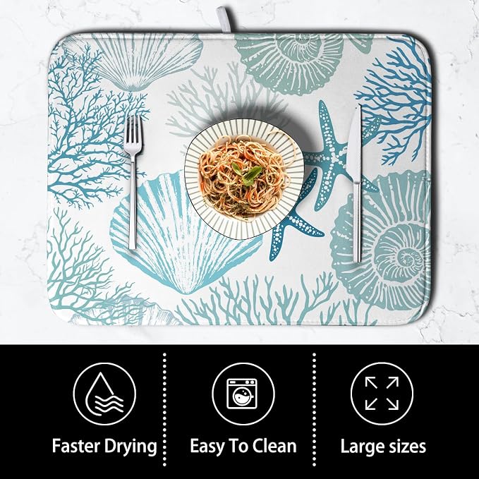 Summer Teal Dish Drying Mat for Kitchen Counter Nautical Coastal Blue Dishes Drainer Mats Turquoise Beach Coral Seashell Starfish Ocean Absorbent Microfiber Dish Draining Pad 18x24 Inch