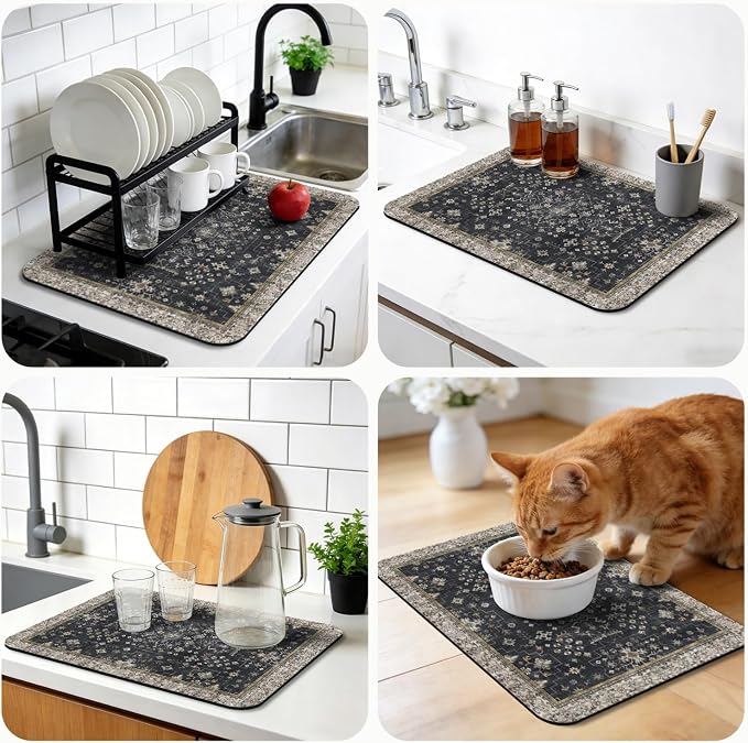 Dish Drying Mat, Vintage Rustic Boho Kitchen Dishes Absorbent Pad, 18x24in | Eco-friendly diatomite with non-slip rubber backing. Super absorbent mat for kitchen counters, coffee bars & sinks