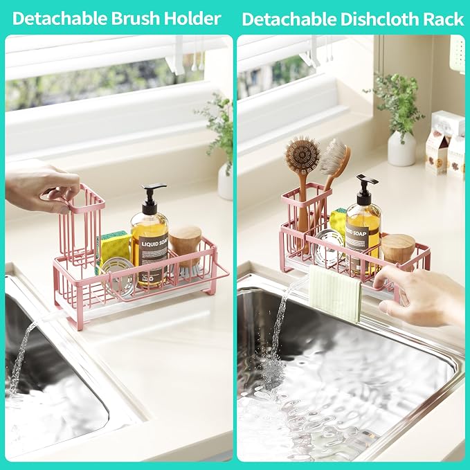 HapiRm Sponge Holder for Kitchen Sink - Self-draining Sink Caddy with Brush and Dishcloth Holders, Stainless Steel Kitchen Organizer for Countertop - Pink