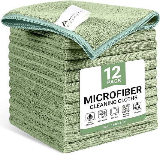 SIFANGKE Microfiber Cleaning Cloth, 12 Pack Green Cleaning Rags for Housekeeping, Reusable Microfiber Towels for Car, Kitchen, Bathroom and Household Cleaning Supplies, 11.8"X11.8"
