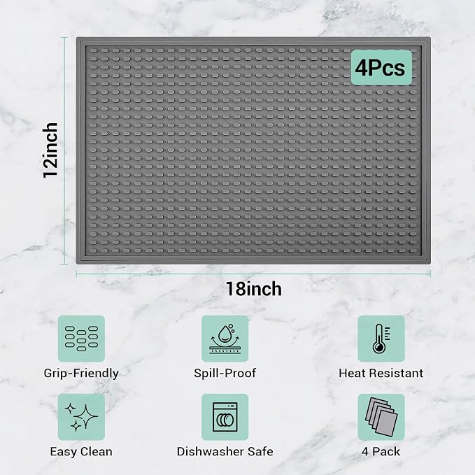 Rubber Bar Mat for Counter, Grey 4 Pack 12"x18" grip-friendly Coffee Bar Mat, Heat Resistant & Spill-proof Countertop Protector Mat for Kitchen, Home Bar, Coffee Station, Easy Clean Dish Drying Mat