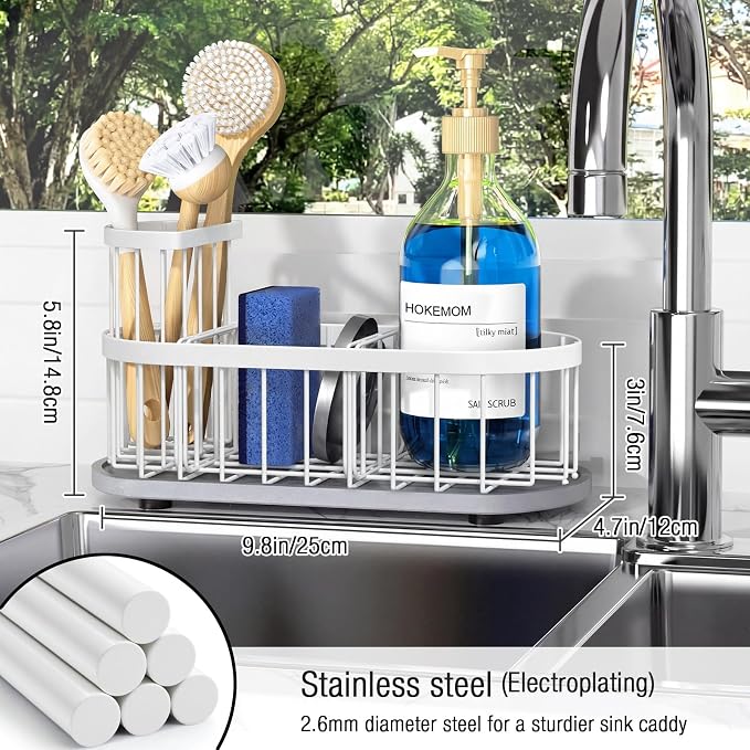 Sponge Holder for Kitchen Sink with High Brush Holder, [Stay-Dry Anywhere & No Drainage Needed] Rustproof Stainless Steel Kitchen Sink Caddy Organizer with Water Absorbing Stone Tray, White
