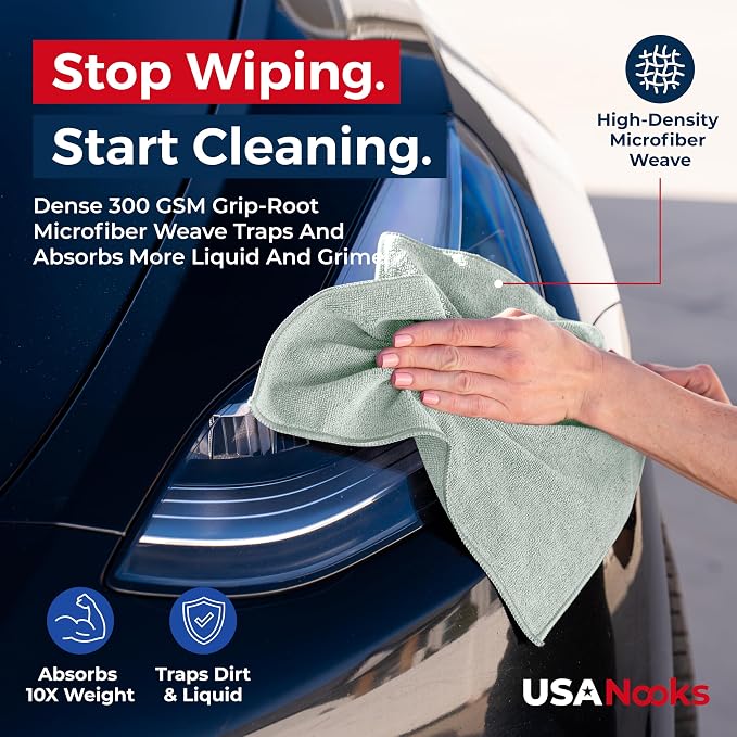 USANOOKS Microfiber Cleaning Cloth - Sea Green - 24Pcs (12.5x12.5 inch) High Performance - 1200 Washes, Ultra Absorbent Car Towel Traps Grime & Liquid for Streak-Free Mirror Shine - car Washing Cloth