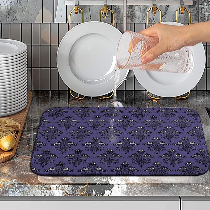Happy Halloween Dish Drying Mat Haunted Ghosts Drying Mats Purple Spooky Skull Scary Dishes Drying Pad Microfiber Absorbent Reversible Dish Drainer Rack Mat for Kitchen Counter 16x18