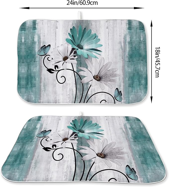 Rustic Daisy Floral Dish Drying Mats 18x24 Inches for Kitchen Counter Vintage Teal Blue Kitchen Decorations Drying Mats Seasonal Outdoor Decor Mat Drying Pad for Office Dining Room Decor