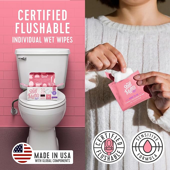 Stall Mates Wipes Feminine Fresh - Flushable | Individually Wrapped Cleansing Travel Friendly PH balanced Unscented with Sunflower, Rosemary and Aloe (90 on-the-go singles) BULK PACK