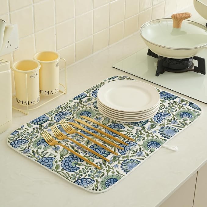 Boho Navy Blue Sage Green Dish Drying Mat 18x24 Inch Vintage Floral Drying Mat Chinoiserie Flower Spring Summer Absorbent Dish Drying Pad Dish Rack Drainer Mats for Kitchen Dining Counter