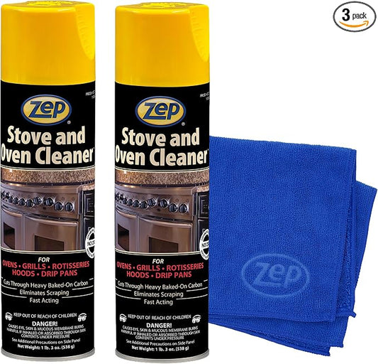 Zep Stove & Oven Cleaner 19 oz (2 Pack) + Blue Microfiber Rag | One 2-pack of 19 oz Zep Stove & Oven Cleaner plus one reusable blue microfiber rag for baked-on grease cleanup.