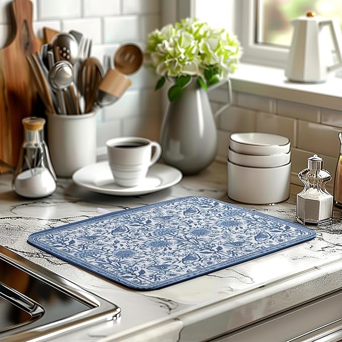 Blue Floral Dish Drying Mat for Kitchen Counter Boho Flowers Dishes Drainer Mats Rustic Farmhouse Microfiber Absorbent Dish Draining Spring Summer Reversible Dish Rack Pad 16x18 Inch