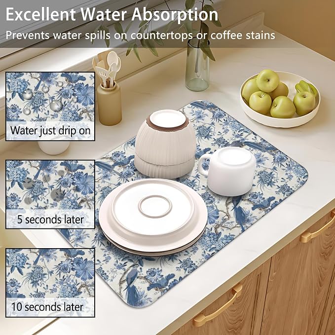 Dish Drying Mat 2-Pack, Chinoiserie For Kitchen Counter Absorbent Dishes | Diatom Mud Mats (18x24, 19.5x12"). Non-slip rubber back for kitchen counter, coffee bar & sink scenes