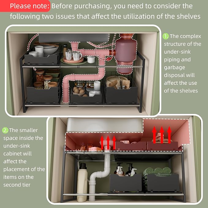 NETEL Adjustable Under Sink Organizers and Storage,Expandable Cabinet Storage Shelf with 4 Pull Out Baskets
