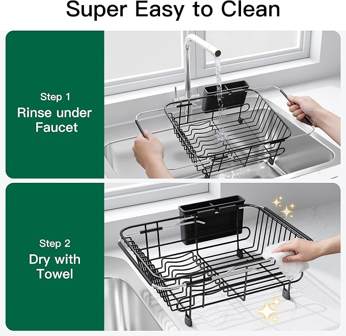 Apartment RV Small Dish Drainer Drying Rack Over The Sink In Stainless Steel for Narrow Kitchen, Counter Space Saving Compact Expandable Metal Plate Dryer Strainer, Black Adjustable Wire Drain Holder