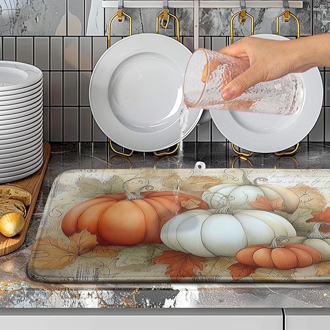 Fall Dish Drying Mats for Kitchen Counter Autumn Pumpkin Maple Leaf Vintage Drying Mats Thanksgiving Holiday Dishes Drainer Pad Microfiber Absorbent Reversible Dish Draining Mat 18x24 Inch