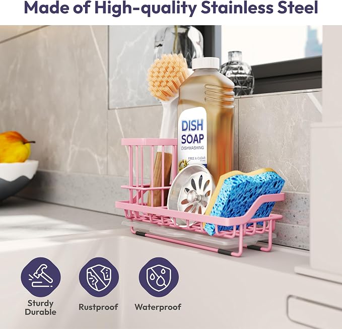 SWTYMIKI Sink Caddy Sponge Holder - Kitchen Sink Organizer with High Brush Holder for Countertop to Hold Dish Soaps and Sponges, Stainless Steel, Pink
