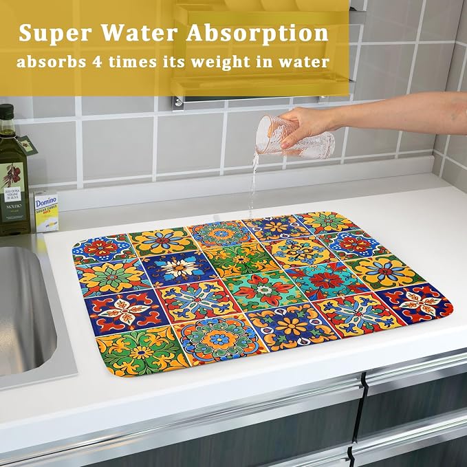 Mexican Tiles Dish Drying Mat for Kitchen Counter Absorbent Microfiber Dish Drying Pad Kitchen Gadgets Multi-use
