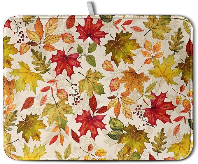 Fall Maple Leaves Dish Drying Mat for Kitchen Counter 18 x 24 Inch Autumn Thanksgiving Absorbent Reversible Microfiber Dish Draining Mat Washable Dish Drainer Rack Mat for Coffee Bar