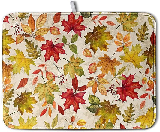 Fall Maple Leaves Dish Drying Mat for Kitchen Counter 18 x 24 Inch Autumn Thanksgiving Absorbent Reversible Microfiber Dish Draining Mat Washable Dish Drainer Rack Mat for Coffee Bar