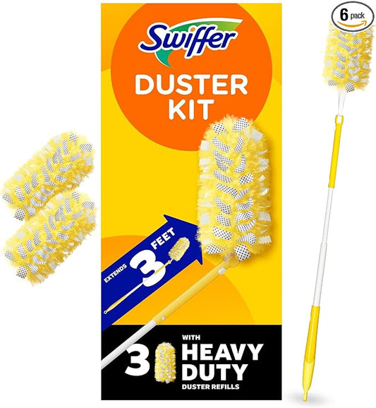 Swiffer Duster Kit with 3 ft Extendable Handle, Heavy Duty Dusting Starter Kit with 3 Refills, for Ceiling Fans, Vents and Hard to Reach Places (Pack of 6)