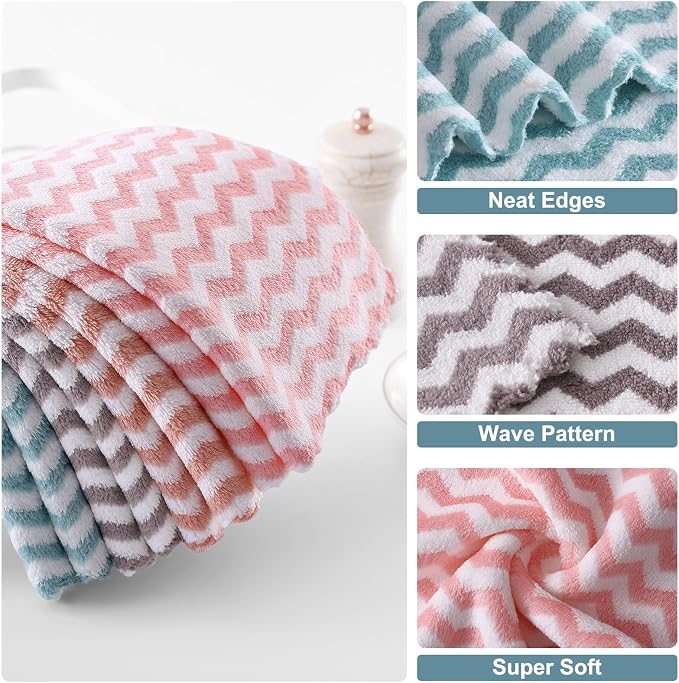 Homaxy 12 Pack Kitchen Dish Cloths, Ultra Soft and Absorbent Dish Towels, Reusable Fast Drying Microfiber Cleaning Cloth, Wave Coral Velvet No-lint Cleaning Rags, 10 x 10 inches, Multicolor