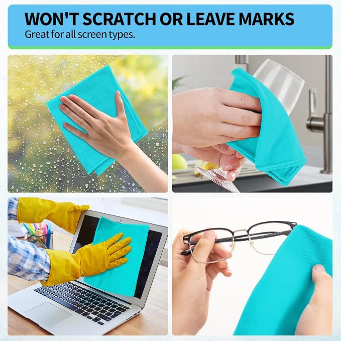 Microfiber Cleaning Cloth, 12 Pack Window Glasses Cleaning Cloth, Reusable Lint-Free Streak Free Polishing Cloth Wipes for Stainless Steel, Eyeglass, Mirror, Screen & Lense, Turquoise