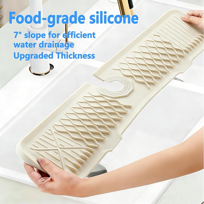 EBIGIC 24 Inch Silicone Faucet Mat for Kitchen Sink, 7° Slope Fast Self-Draining Sink Splash Guard, Kitchen Sink Water Catcher Organizer, Kitchen Sink Accessories (off-white, 24''x5.6'')