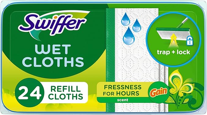Swiffer Sweep + Mop, Wet Pads Refill, Floor Cleaner for Dirt, Dust, Hair, Cleaning Cloths for Mopping Home, Bathroom, Kitchen, All Purpose Multi-Surface Floor Wipes, Gain, 24ct