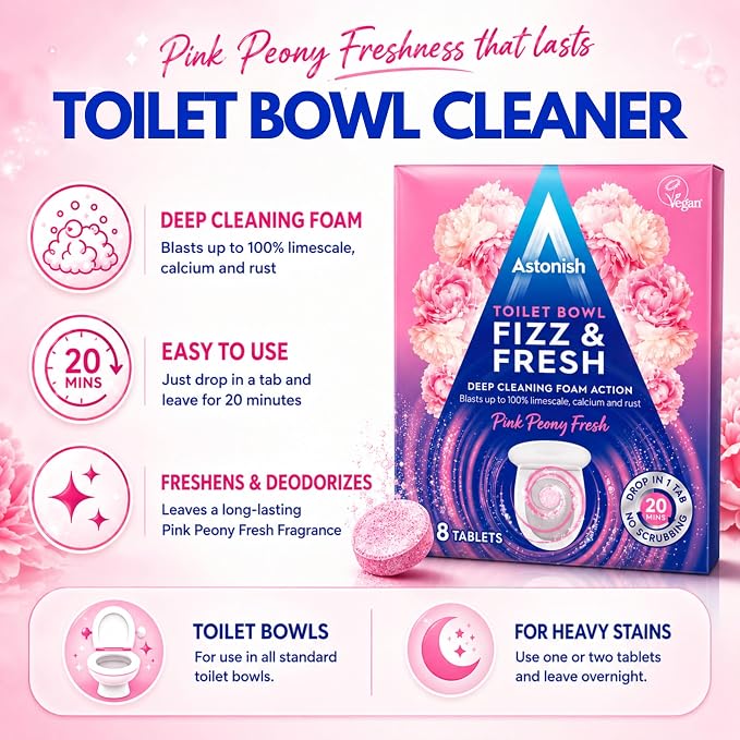 Astonish Toilet Bowl Cleaner Tablets, 8 Count – Fizzing Drop In Tabs Remove Limescale, Calcium & Rust – No Scrub Foaming Action, Vegan & Cruelty Free, Fresh Peony Scent