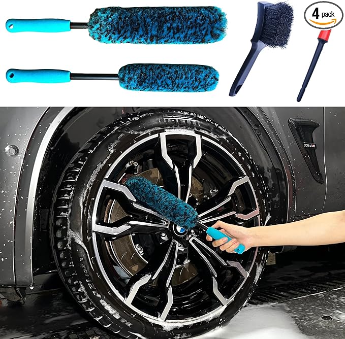 oesee PRO Choice 4 Pack Long Handle Wheel Brush Kit for Cleaning Wheel and Tire- 2X Soft Wheel Cleaning Brush, Detailing Brush and Stiff Tire Brush