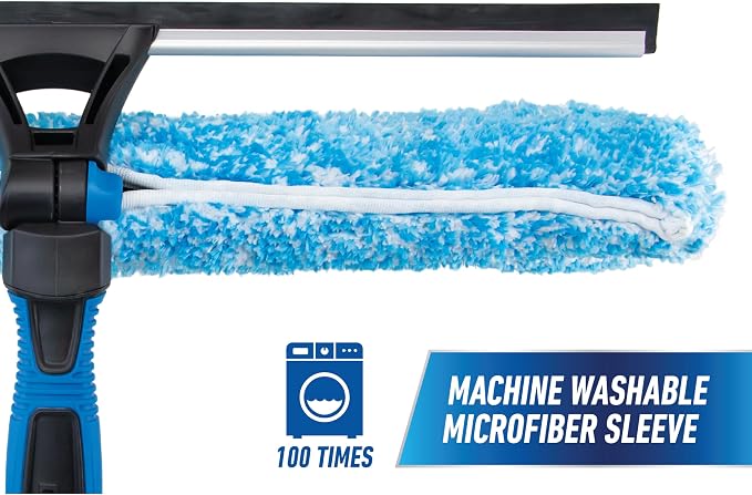 Unger Professional Connect and Clean 18” Proflex 2-in-1 Squeegee and Scrubber, High Access Window Cleaning Tool with Pivoting Head, Commercial and Residential Use, Reusable Microfiber Sleeve