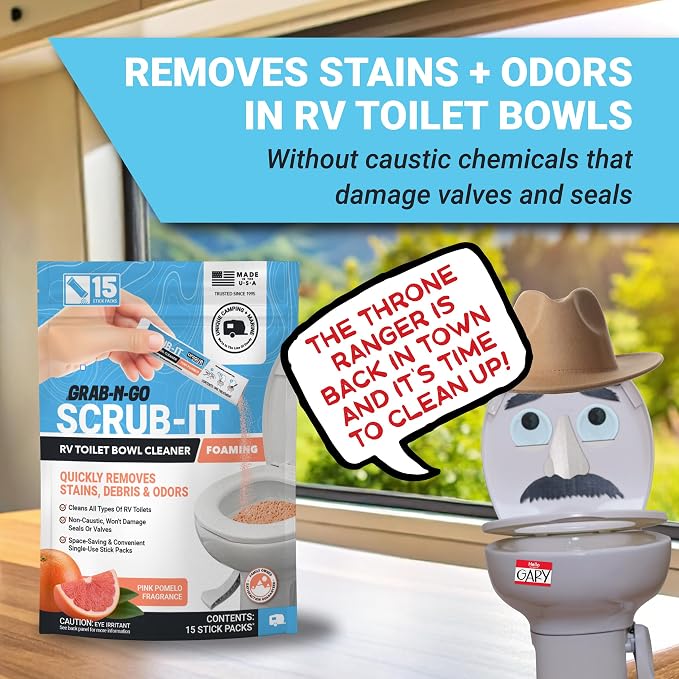 Unique Scrub-It RV Toilet Cleaner, Foaming Powder Stick Packs, 15-Count | Premeasured Pink Pomelo scent powder cleans RV toilet bowl stains, rings, debris, & odors; adds bacteria after flushing