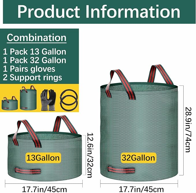 2 Pack Leaf Bags and Gloves Reusable Yard Bag Garden Bags for Cleaning Leaves, Outdoor Litter, and Camping Gear, or for Moving (32 gallons + 13 gallons + 1 Pair of Gloves)
