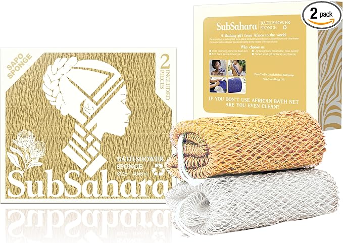SubSahara Authentic African Net Sponge - 2 Pack Exfoliating Bath & Shower Loofah Sponge for Body & Face, Gentle Scrubber for All Skin Types, Travel, Durable