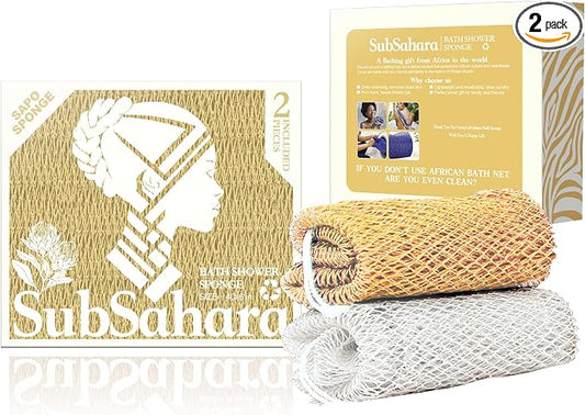 SubSahara Authentic African Net Sponge - 2 Pack Exfoliating Bath & Shower Loofah Sponge for Body & Face, Gentle Scrubber for All Skin Types, Travel, Durable