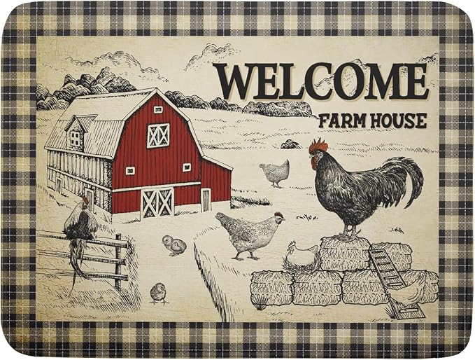 Farmhouse Rooster Dish Drying Mat 18x24 Inch Country Chicken Absorbent Dish Drainer Mat Reversible Countertops Protector Pad Kitchen Accessories