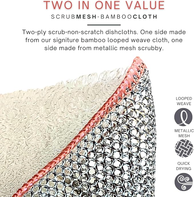 Whiffkitch® Scrubby Cloth – 6-Pack, Dishcloths, Dishrags for Kitchen and Household Cleaning 6x7, 2-Sided, Non-Scratch, Bamboo-Rayon, Scrub Mesh, Quick Dry, Washable, Reusable