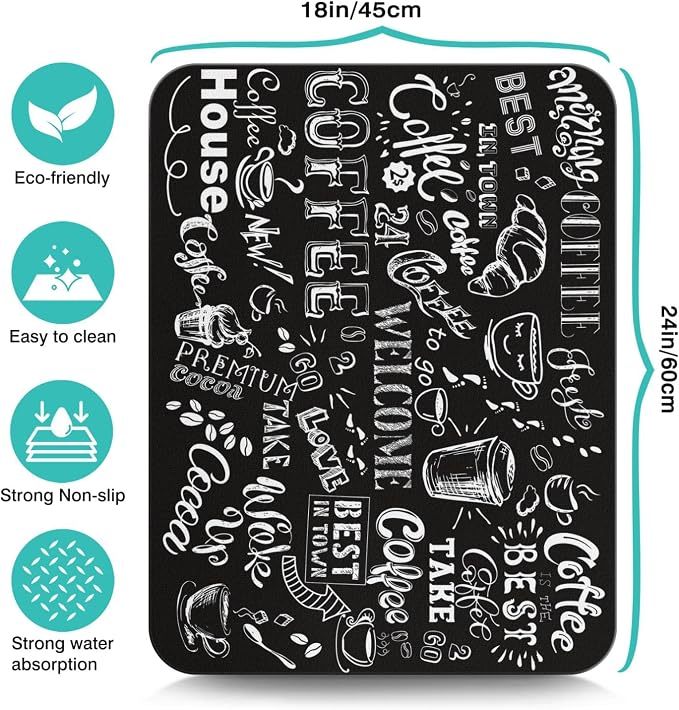 Absorbent Hide Stain Anti-Slip Coffee Bar Mat, 24inx18in, Fit Under Coffee Machine, Dish Drying Mat for Kitchen Countertops