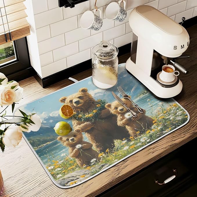 Three Bear Dish Drying Mat for Kitchen Counter Absorbent Microfiber Large Drying Pad Dandelion Wildflowers Dish Mats for Kitchen Countertops 18 x 24 Inch
