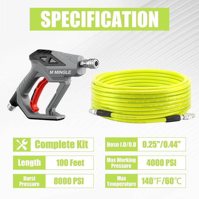 M MINGLE Sewer Jetter Kit for Pressure Washer 100 FT, Drain Cleaner Hose with Power Washer Gun, 1/4 Inch NPT Corner Rotating and Button Nose Sewer Jetting Nozzle, Orifice 4.0, 4.5