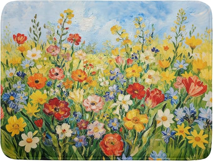 Spring Summer Floral Dish Drying Mat for Kitchen Counter 18x24 Green Yellow Blue Flower Wildflower Print Absorbent Reversible Microfiber Drying Mats Kitchen Countertop Protector Dishes Drainer Pad