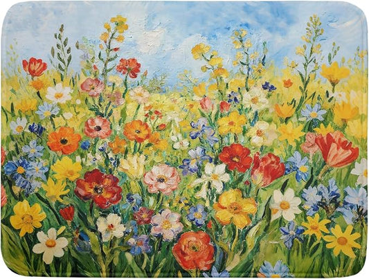 Spring Summer Floral Dish Drying Mat for Kitchen Counter 18x24 Green Yellow Blue Flower Wildflower Print Absorbent Reversible Microfiber Drying Mats Kitchen Countertop Protector Dishes Drainer Pad