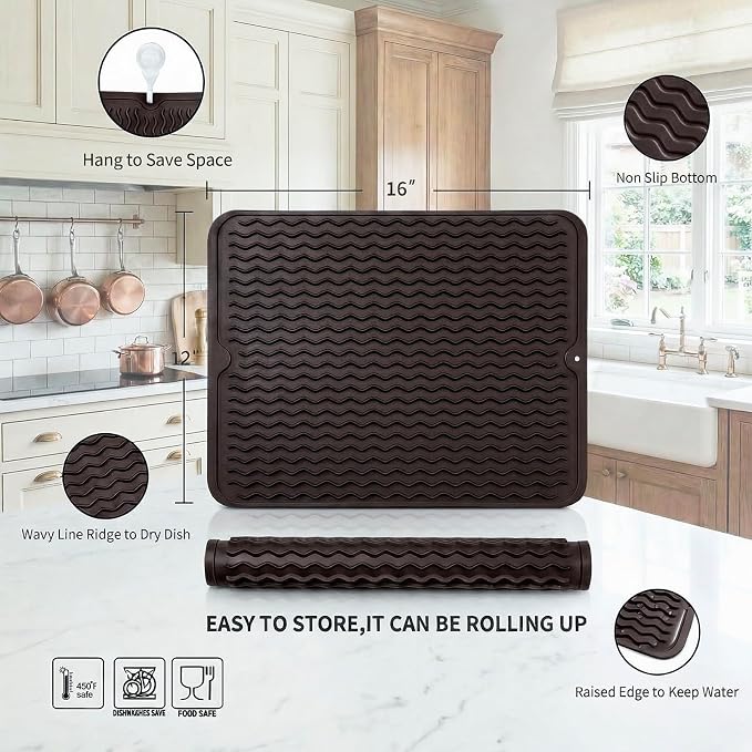 MicoYang Silicone Dish Drying Mat — Quick-Dry Ridges Counter & Sink Pad, Heat-Resistant Trivet to 450°F, Non-Slip & Dishwasher Safe, Roll-Up Storage, 18 Colors & 9 Sizes (Coffee, 16"×12")