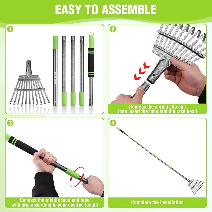 WORKPRO Rake, Small Rake for Leaves with 72” Adjustable Long Handle | 11 Steel Tines, Heavy Duty Metal Leaf Rakes for Garden, Lawn, Yard, Flower Bed, Narrow Rakes 9" Wide Head for Tight Spaces