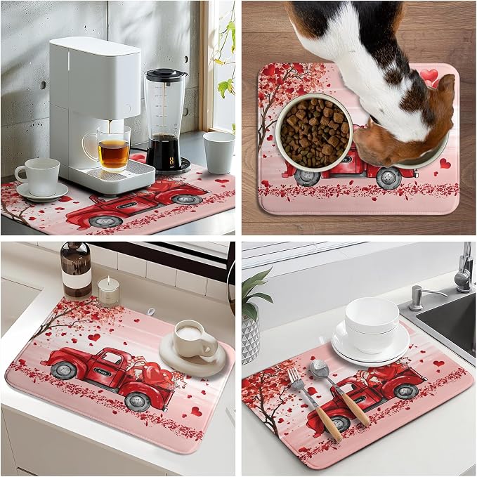 Valentine's Day Dish Drying Mats for Kitchen Counter, Happy Valentine's Day Dish Mat Absorbent Reversible Microfiber Dish Drying Pad Love Kitche Mat Dish Drainer Rack Mats for Coffee Bar 18"x24"