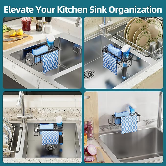 TAILI 4-in-1 Sink Caddy with Strong Suction Cup, Sponge Holder for Kitchen Sink Organizer, Removable, Rustproof, Stainless Steel Holder for Sponge, Brush, Scrubber, Scraper - Black