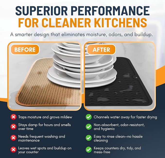 Silicone Dish Drying Mat for Kitchen Counter - Multi-Use 18 x 16 Inch Pad, Non-Slip & Heat-Resistant, Perfect Dish Drainer Mat by Linda’s Essentials, Ideal Kitchen Accessory (Black)