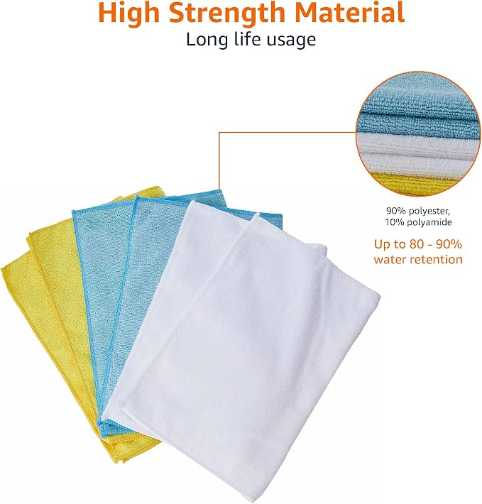 Amazon Basics Microfiber Cleaning Cloths, Ultra Absorbent, Scratch-Free, Highly Absorbent, Non-Abrasive, Reusable and Washable, 16" x 12", Blue/White/Yellow, (Pack of 288)