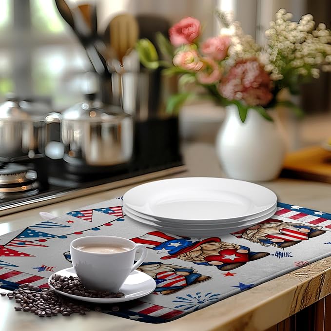 4th of July Gnomes Dish Drying Mat Patriotic Gnome Large Kitchen Mat Dish Drying Pad Absorbent Dish Dryer Mat for Kitchen Countertops Microfiber Drainer Pad Dish Drying Rack Mat (18x24 in)