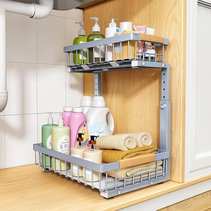 PXRACK Under Sink Organizer, Adjustable Height, 2 Tier Pull Out Under Cabinet Organizer, Slide Out Thickened Metal Under Sink Storage for Kitchen Bathroom Laundry Pantry Cabinet, Grey, Large-1-Pack